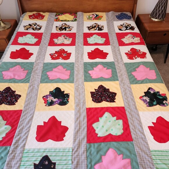 1970s Double knit Quilt Blanket Leaf Pattern Handmade Bright Colors Queen VTG - Picture 1 of 8